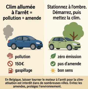 🚗☀️ Laisser la climatisation tourner à l’arrêt en été : un geste tentant… mais souvent interdit en Belgique