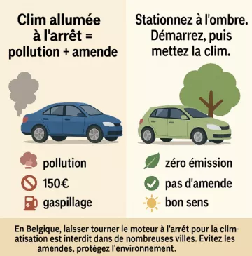 🚗☀️ Laisser la climatisation tourner à l’arrêt en été : un geste tentant… mais souvent interdit en Belgique