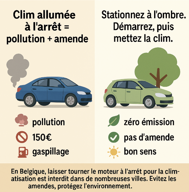 🚗☀️ Laisser la climatisation tourner à l’arrêt en été : un geste tentant… mais souvent interdit en Belgique