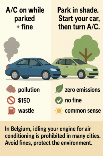 🚗☀️ Letting the AC Run While Parked in Summer: A Tempting Habit… but Often Illegal in Belgium