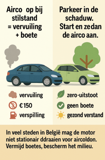 🚗☀️ De airconditioning laten draaien bij stilstand in de zomer: een verleidelijke gewoonte… maar vaak verboden in Belgiëi