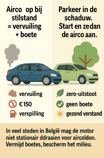 🚗☀️ De airconditioning laten draaien bij stilstand in de zomer: een verleidelijke gewoonte… maar vaak verboden in Belgiëi